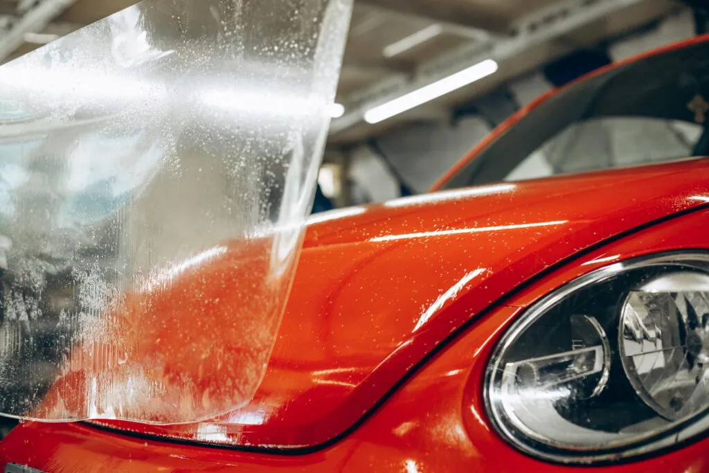 Paint protection film (PPF) being precisely fitted on your car during installation at Staten Island auto detailing service, highlighting film clarity and bubble-free finish